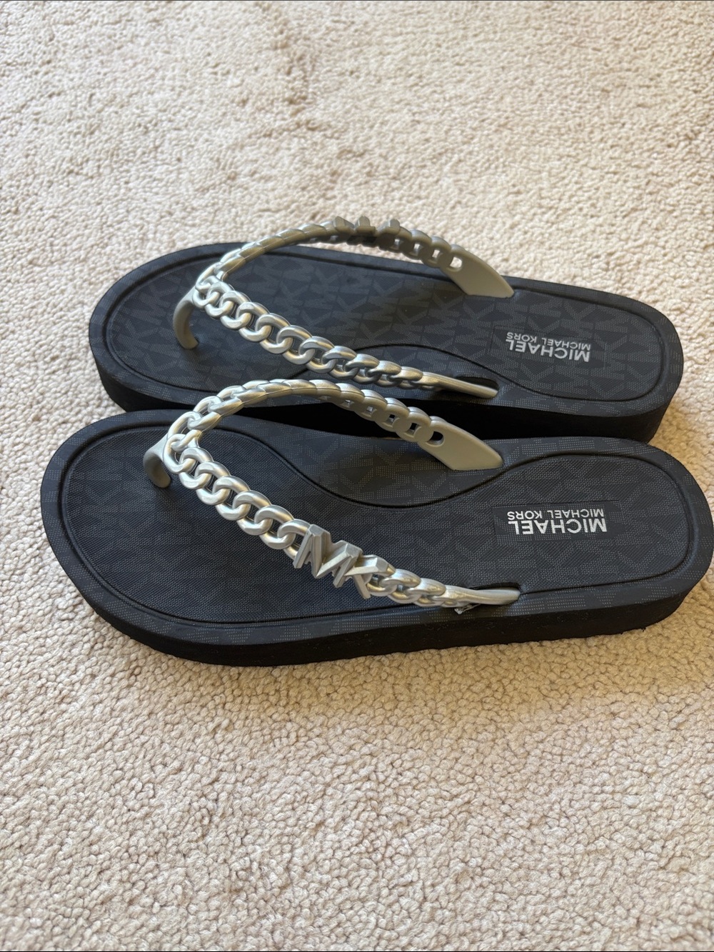 MICHAEL Michael Kors Black Platform Flip Flops with Silver Chain Strap